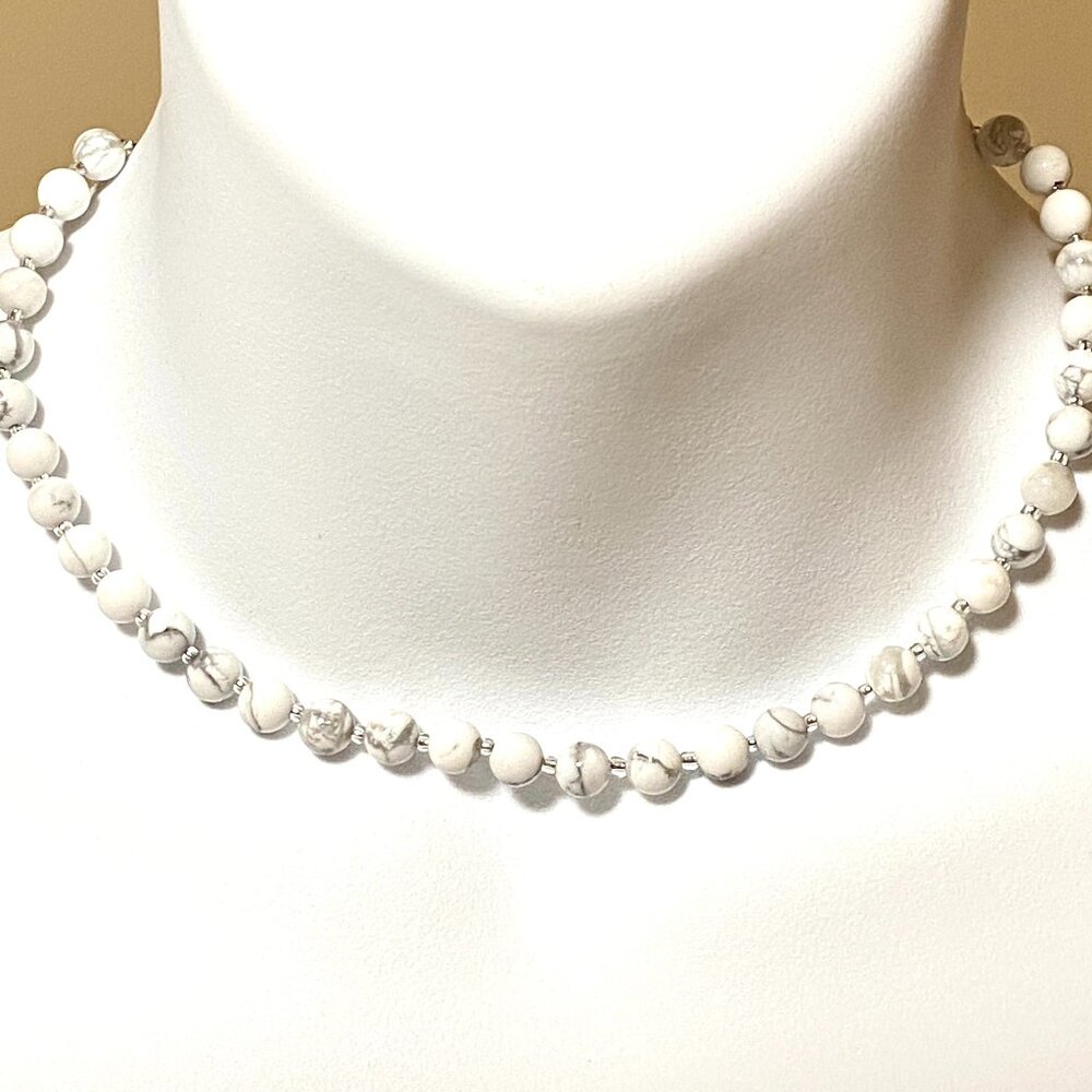 White Magnesite Beaded Chocker, Stackable Genuine Gemstone Necklace